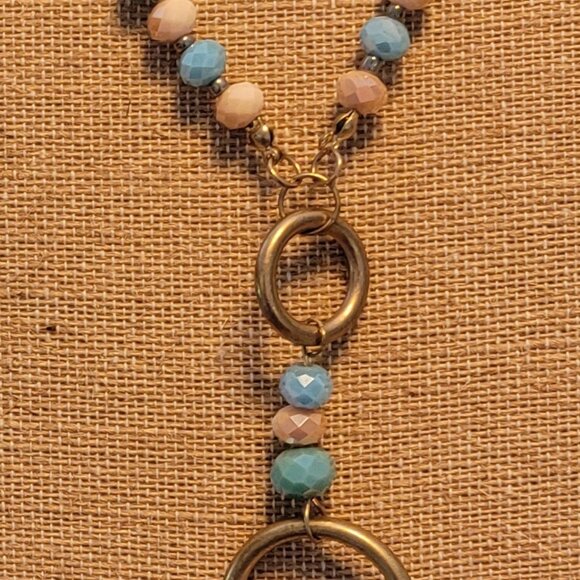 Y Pendant Necklace Blue/White Beads Large Golden Disc Leather Cord - Picture 8 of 14